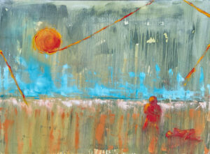 apocalyptic landscape painting with fractured terrain and intense sky, dark tones with fiery highlights, expressing destruction and transformation of reality